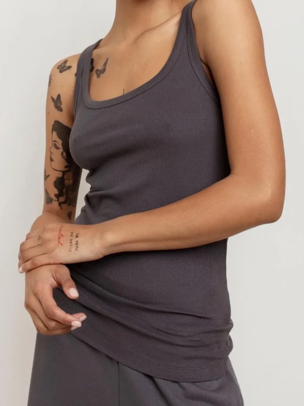 Paper Label Mara Tank. Ribbed w stretch cotton tank top in Turbulence- charcoal